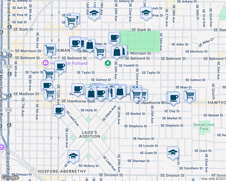 map of restaurants, bars, coffee shops, grocery stores, and more near 1315 Southeast 20th Avenue in Portland