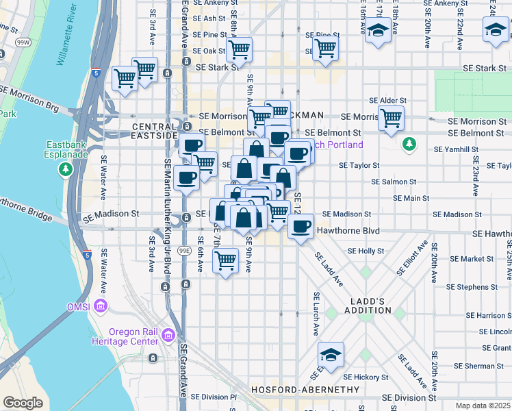 map of restaurants, bars, coffee shops, grocery stores, and more near 1380 Southeast 9th Avenue in Portland