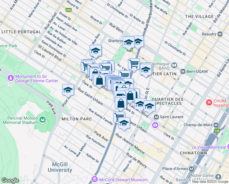 map of restaurants, bars, coffee shops, grocery stores, and more near 3469 Boulevard Saint-Laurent in Montréal