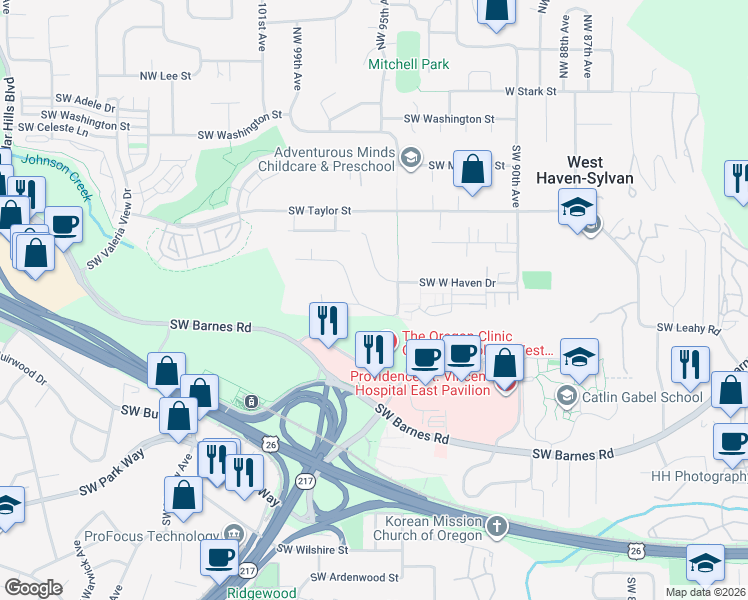 map of restaurants, bars, coffee shops, grocery stores, and more near 9702 Southwest Brookside Drive in Portland