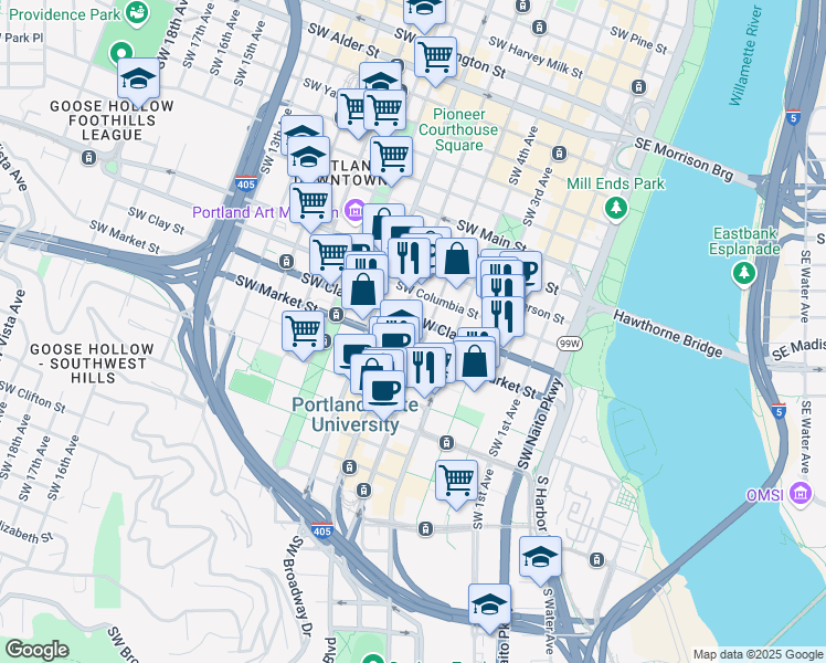 map of restaurants, bars, coffee shops, grocery stores, and more near in Portland