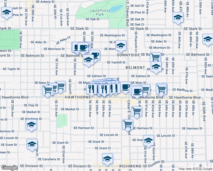 map of restaurants, bars, coffee shops, grocery stores, and more near 3609 Southeast Madison Street in Portland