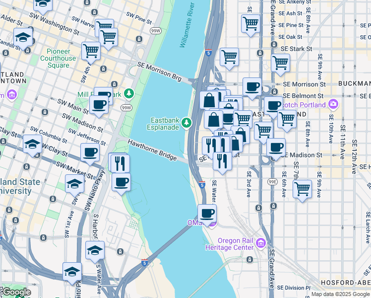 map of restaurants, bars, coffee shops, grocery stores, and more near 5 Southeast Madison Street in Portland