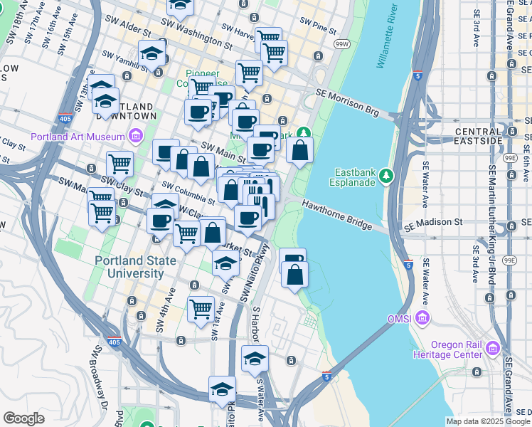 map of restaurants, bars, coffee shops, grocery stores, and more near 100 Southwest Columbia Street in Portland