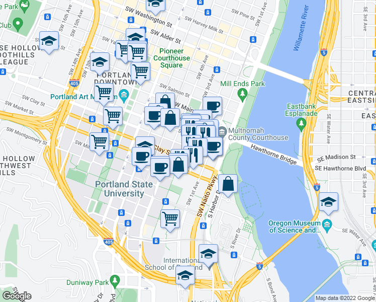 map of restaurants, bars, coffee shops, grocery stores, and more near 1425 Southwest 2nd Avenue in Portland
