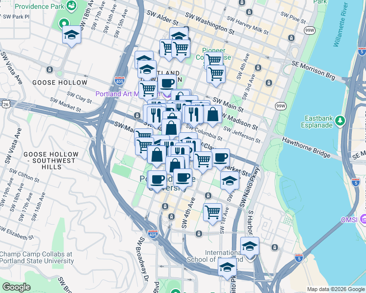 map of restaurants, bars, coffee shops, grocery stores, and more near 1221 Southwest 10th Avenue in Portland