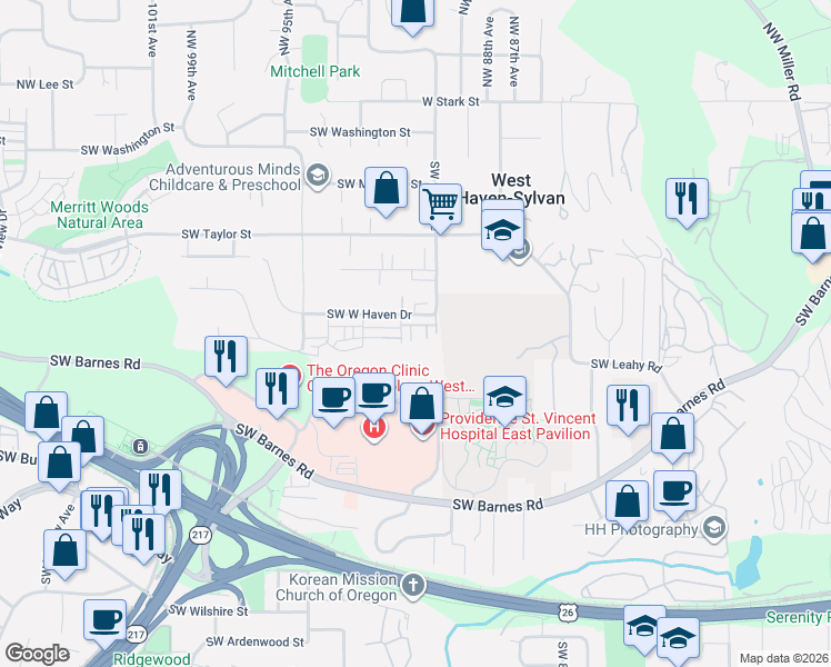 map of restaurants, bars, coffee shops, grocery stores, and more near 890 Southwest Mozart Terrace in Portland