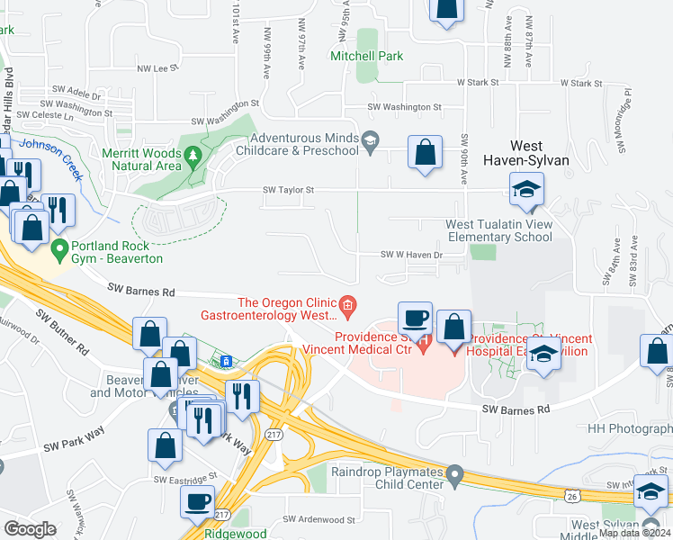 map of restaurants, bars, coffee shops, grocery stores, and more near 9702 Southwest Brookside Drive in Portland