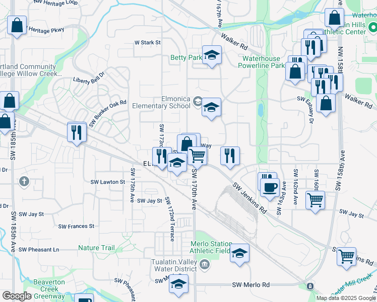 map of restaurants, bars, coffee shops, grocery stores, and more near 17112 Southwest Whitley Way in Beaverton