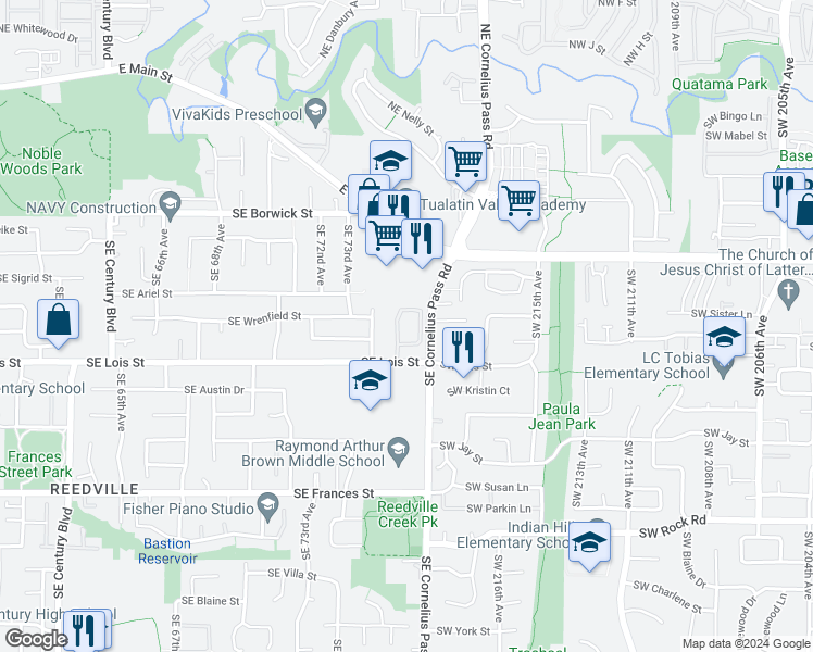 map of restaurants, bars, coffee shops, grocery stores, and more near in Hillsboro