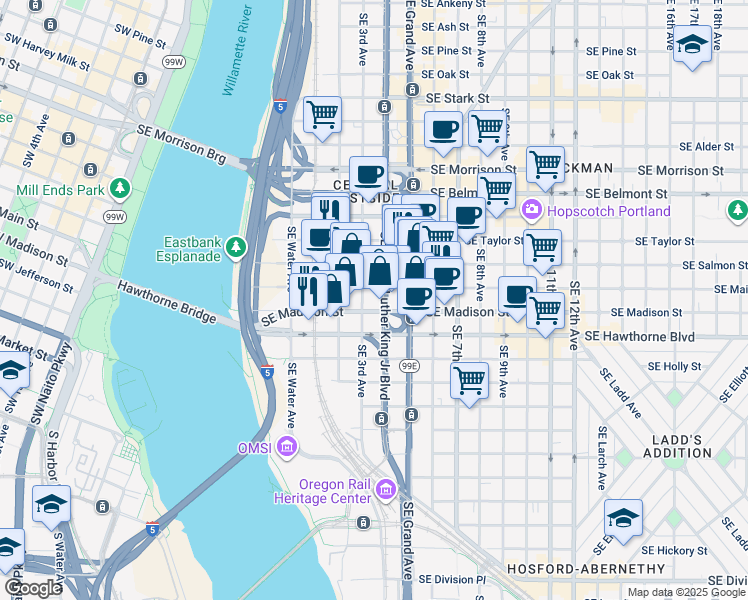 map of restaurants, bars, coffee shops, grocery stores, and more near in Portland