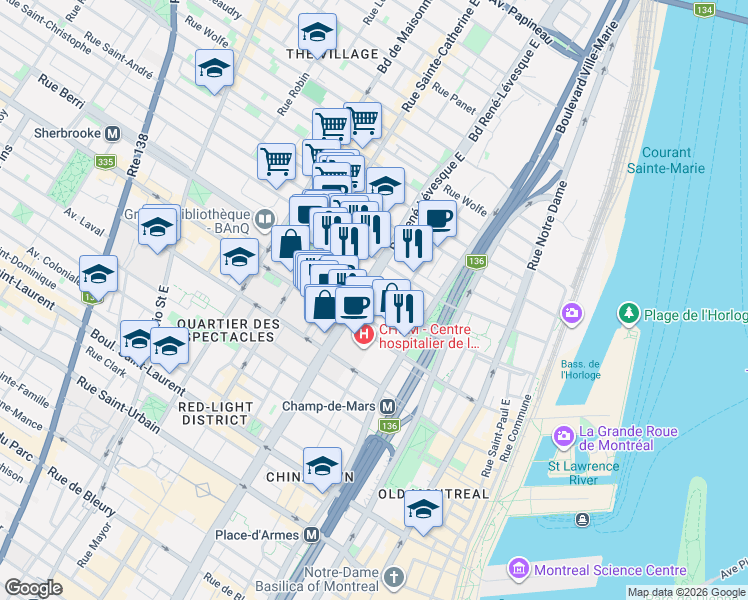 map of restaurants, bars, coffee shops, grocery stores, and more near 1082 Rue Berri in Montréal