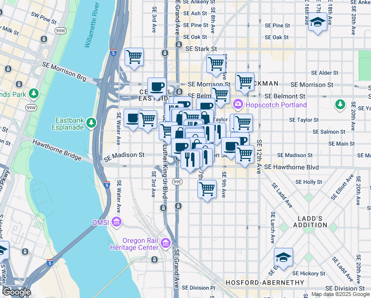 map of restaurants, bars, coffee shops, grocery stores, and more near 1323 Southeast 6th Avenue in Portland