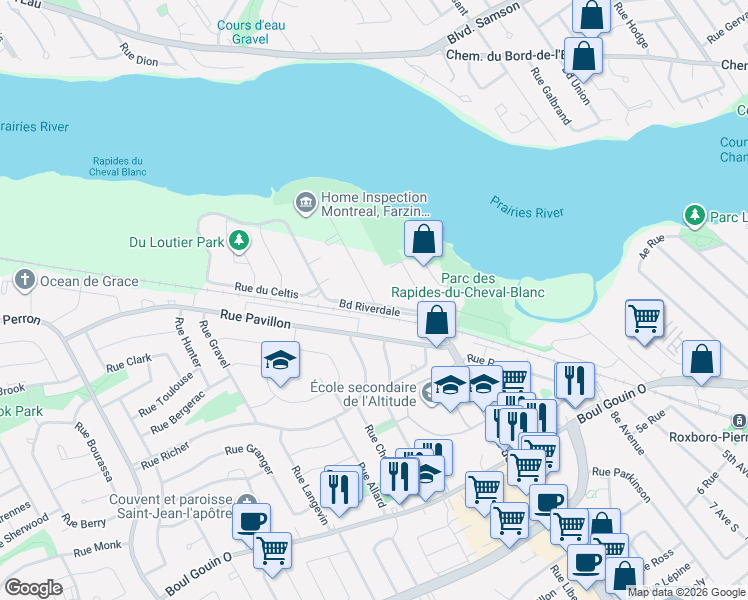 map of restaurants, bars, coffee shops, grocery stores, and more near 5215 Rue Riviera in Montréal