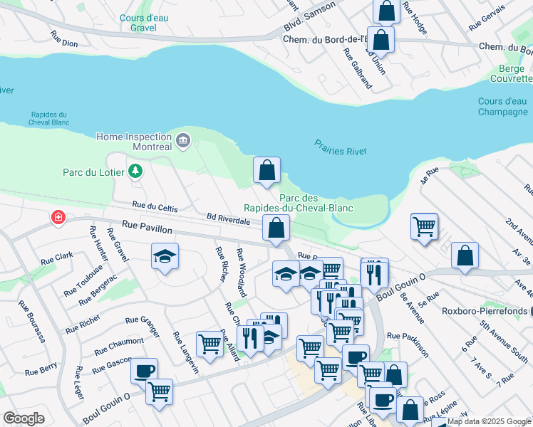 map of restaurants, bars, coffee shops, grocery stores, and more near 5200 Boulevard des Sources in Montreal