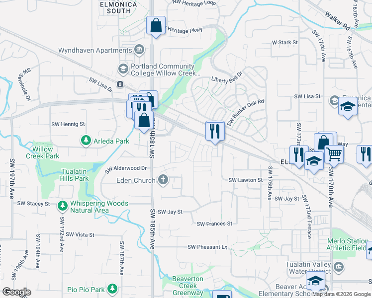 map of restaurants, bars, coffee shops, grocery stores, and more near 18218 Southwest Tippery Lane in Beaverton