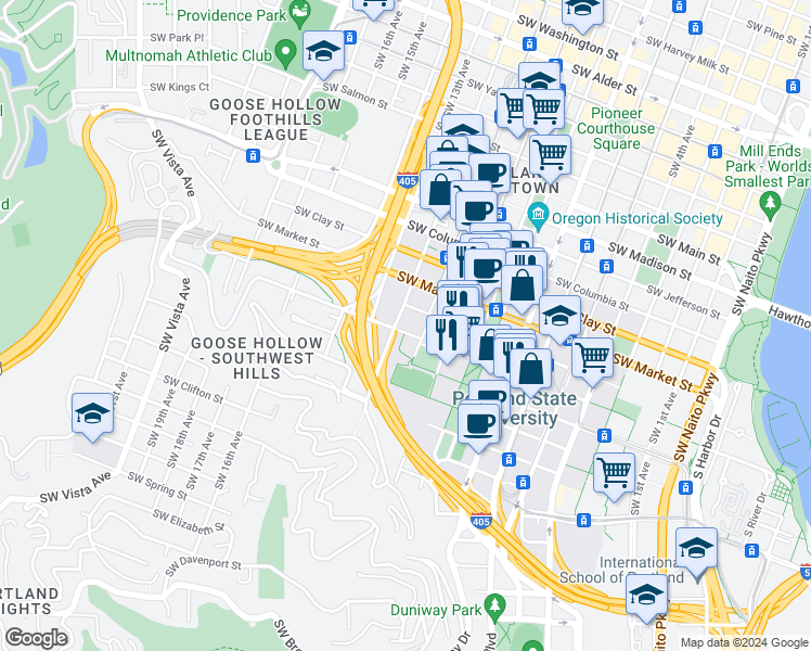map of restaurants, bars, coffee shops, grocery stores, and more near 1131 Southwest Montgomery Street in Portland