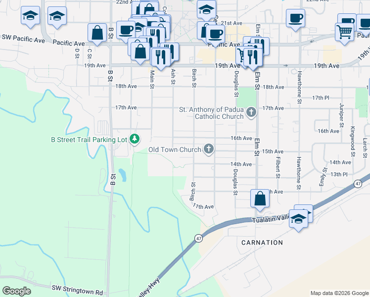 map of restaurants, bars, coffee shops, grocery stores, and more near 2123 15th Avenue in Forest Grove