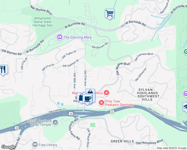 map of restaurants, bars, coffee shops, grocery stores, and more near 1314 Southwest 57th Avenue in Portland