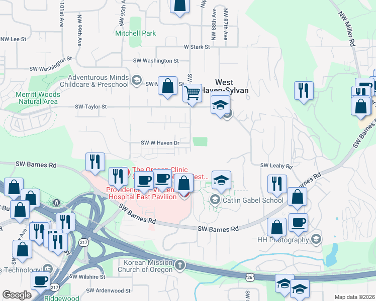 map of restaurants, bars, coffee shops, grocery stores, and more near 865 Southwest 90th Avenue in Portland