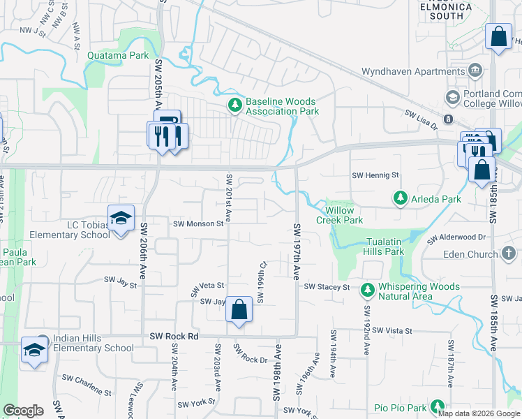 map of restaurants, bars, coffee shops, grocery stores, and more near 887 Southwest 198th Place in Aloha
