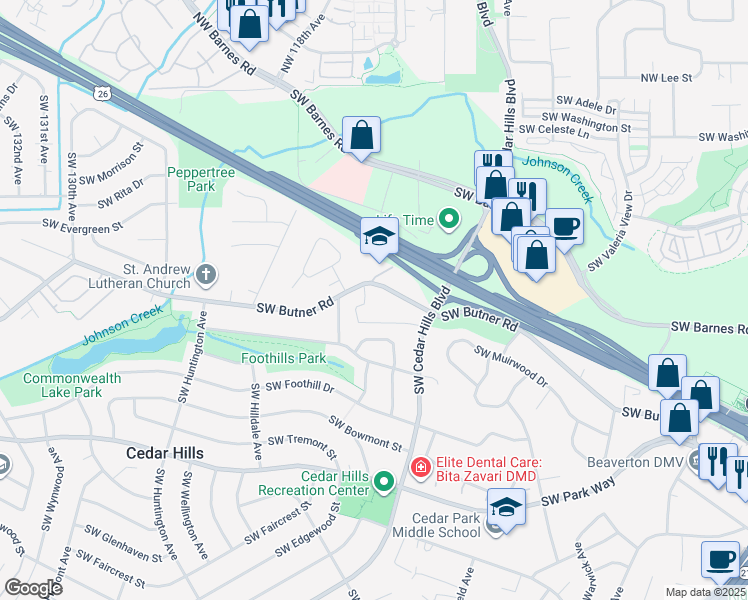 map of restaurants, bars, coffee shops, grocery stores, and more near 905 Southwest Cedar Hills Boulevard in Portland