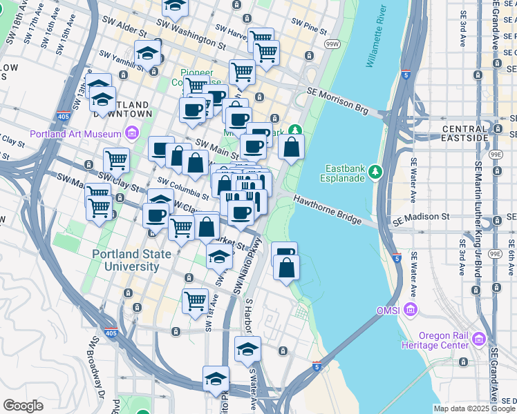 map of restaurants, bars, coffee shops, grocery stores, and more near 100 Southwest Columbia Street in Portland