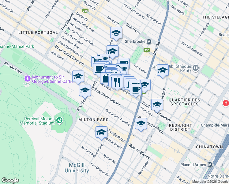 map of restaurants, bars, coffee shops, grocery stores, and more near Rue Clark & Rue Prince Arthur Ouest in Montréal