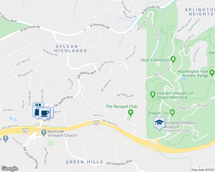 map of restaurants, bars, coffee shops, grocery stores, and more near 1322 Southwest Upland Drive in Portland