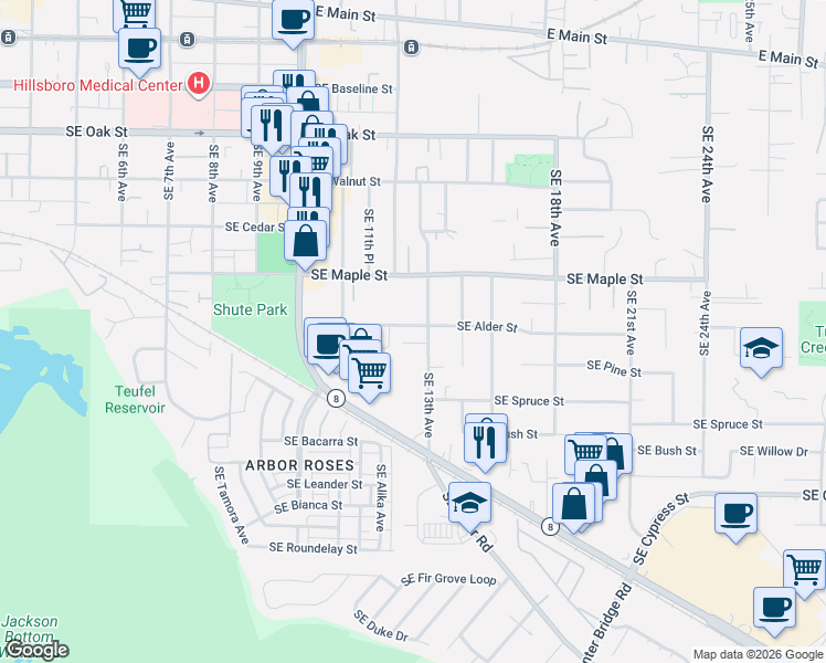 map of restaurants, bars, coffee shops, grocery stores, and more near 1252 Southeast Alder Street in Hillsboro