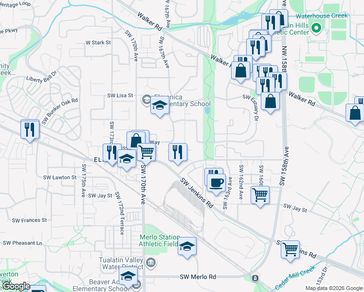 map of restaurants, bars, coffee shops, grocery stores, and more near 895 Southwest 166th Avenue in Beaverton