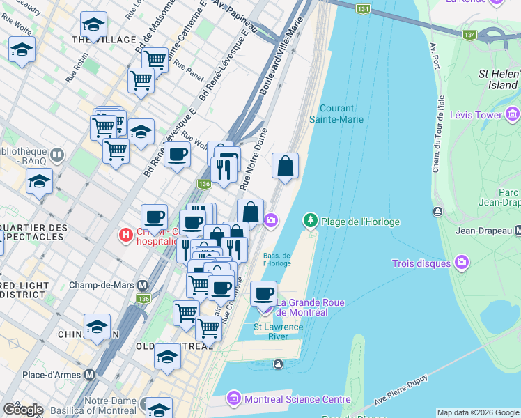 map of restaurants, bars, coffee shops, grocery stores, and more near 1025 Rue de la Commune Est in Montréal