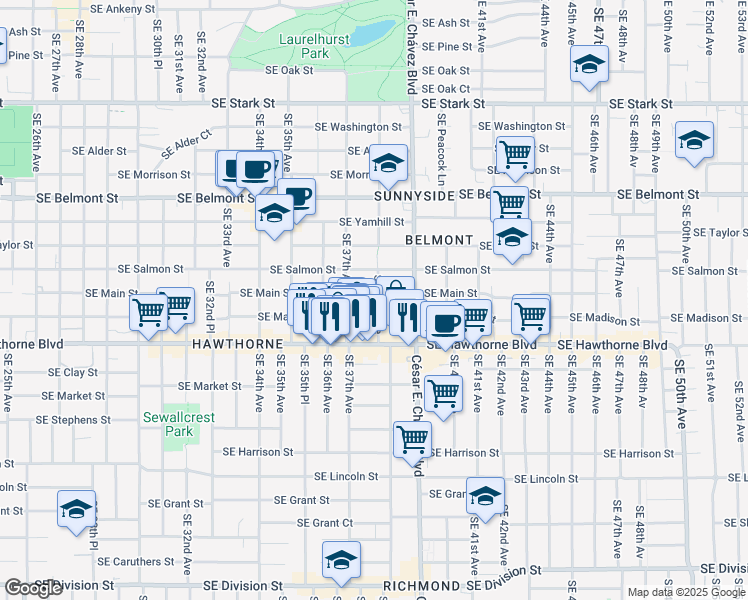 map of restaurants, bars, coffee shops, grocery stores, and more near 3747 Southeast Madison Street in Portland
