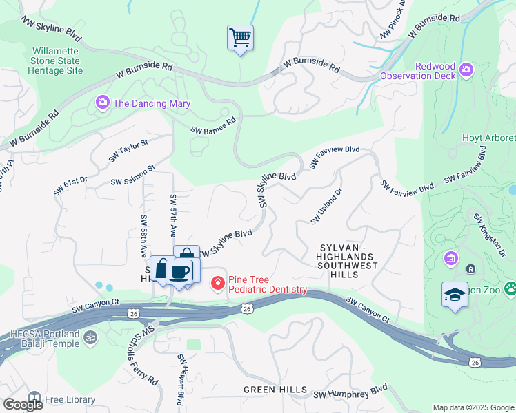 map of restaurants, bars, coffee shops, grocery stores, and more near 1319 Southwest Skyline Boulevard in Portland