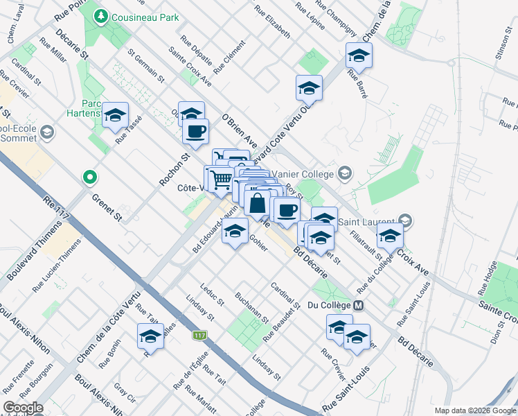map of restaurants, bars, coffee shops, grocery stores, and more near 921 Boulevard Décarie in Montréal