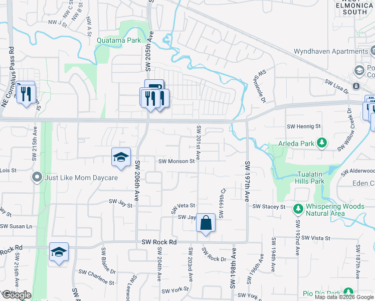 map of restaurants, bars, coffee shops, grocery stores, and more near 20154 Southwest Georgia Court in Beaverton