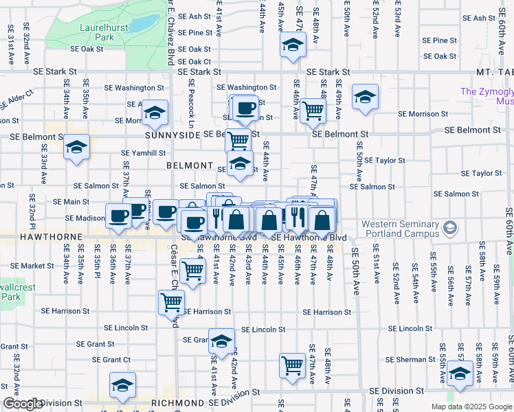 map of restaurants, bars, coffee shops, grocery stores, and more near 4343 Southeast Madison Street in Portland