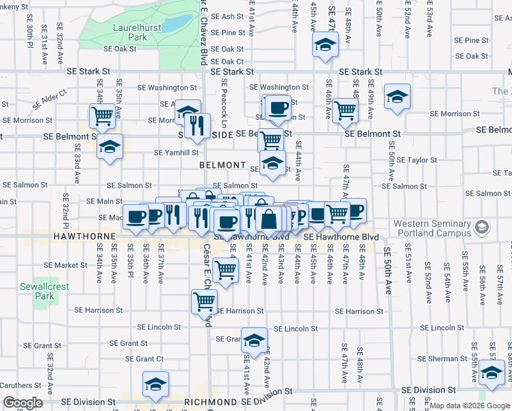 map of restaurants, bars, coffee shops, grocery stores, and more near 4047 Southeast Madison Street in Portland