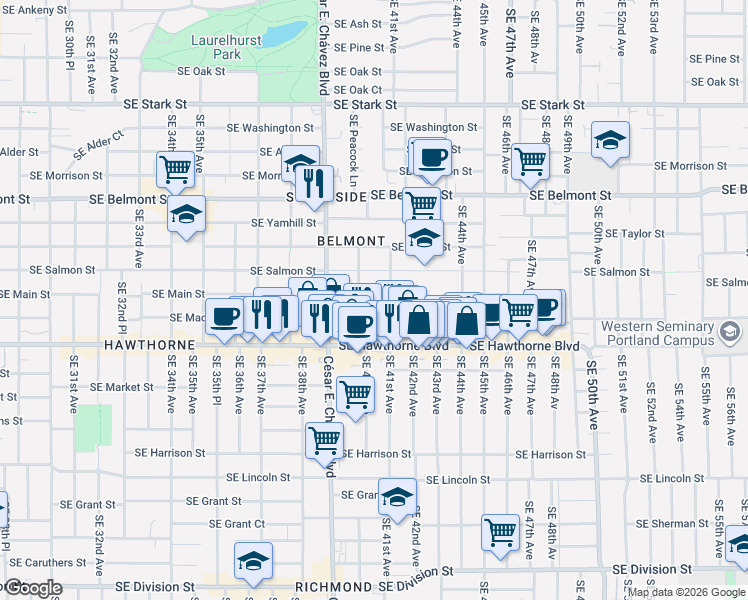 map of restaurants, bars, coffee shops, grocery stores, and more near 4047 Southeast Madison Street in Portland