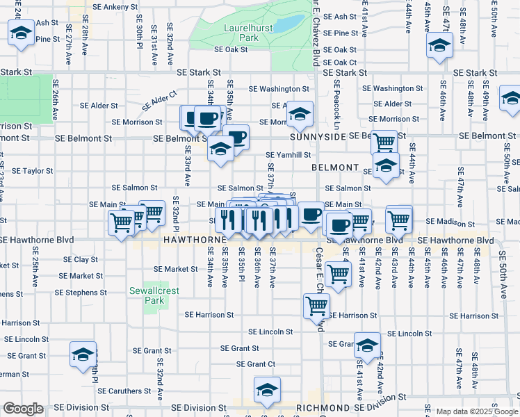 map of restaurants, bars, coffee shops, grocery stores, and more near 3609 Southeast Madison Street in Portland