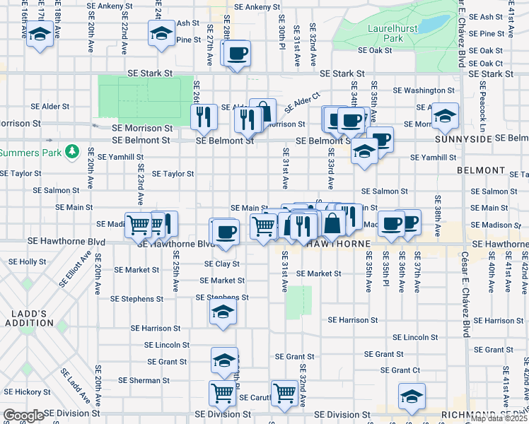 map of restaurants, bars, coffee shops, grocery stores, and more near 2925 Southeast Madison Street in Portland