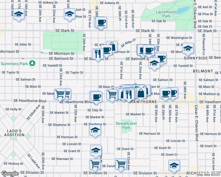 map of restaurants, bars, coffee shops, grocery stores, and more near 2925 Southeast Madison Street in Portland