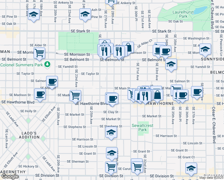 map of restaurants, bars, coffee shops, grocery stores, and more near 1334 Southeast 28th Avenue in Portland
