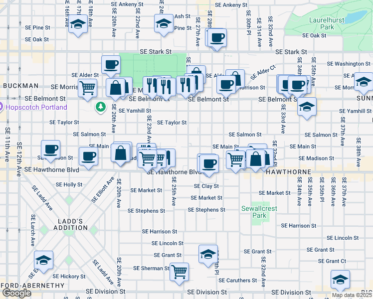 map of restaurants, bars, coffee shops, grocery stores, and more near 2511 Southeast Madison Street in Portland