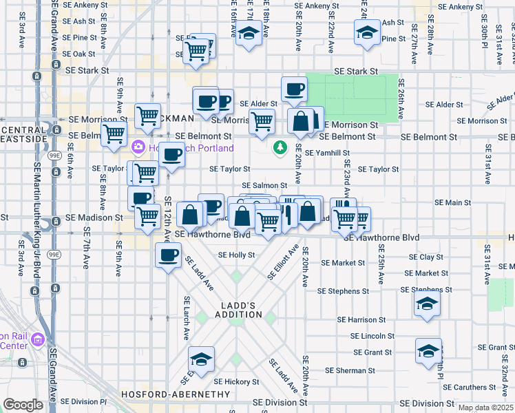 map of restaurants, bars, coffee shops, grocery stores, and more near 1805 Southeast Madison Street in Portland