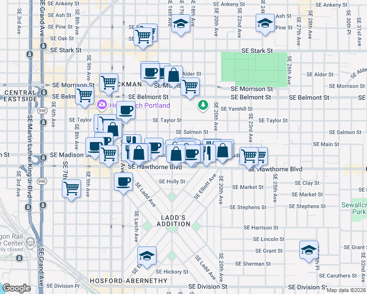 map of restaurants, bars, coffee shops, grocery stores, and more near 1625 Southeast Madison Street in Portland
