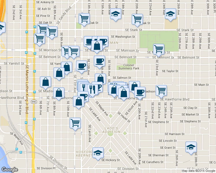 map of restaurants, bars, coffee shops, grocery stores, and more near 1505 Southeast Madison Street in Portland