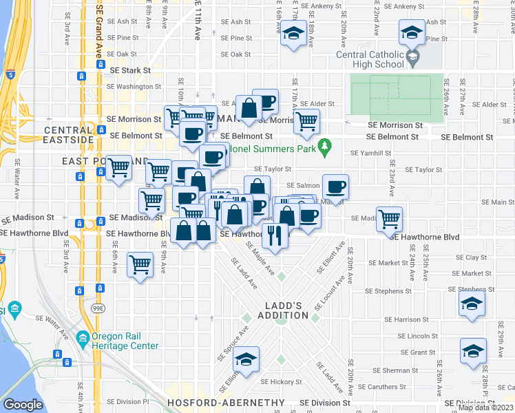 map of restaurants, bars, coffee shops, grocery stores, and more near 1505 Southeast Madison Street in Portland