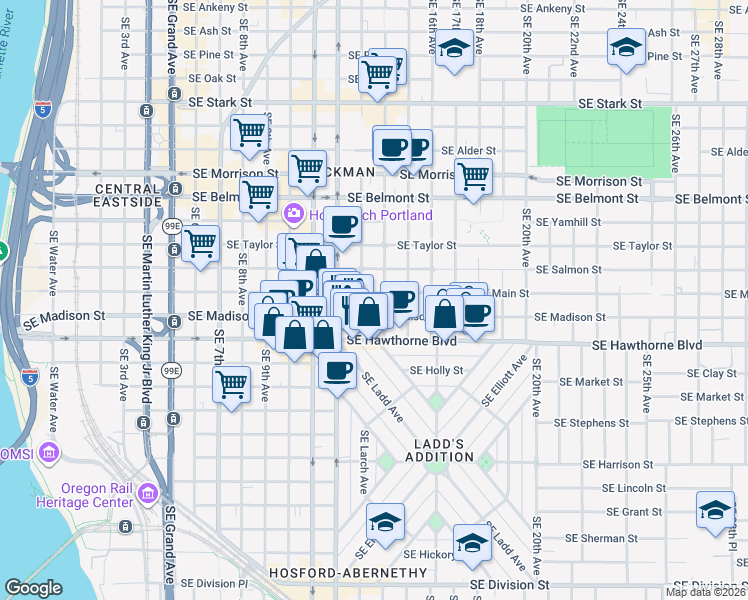 map of restaurants, bars, coffee shops, grocery stores, and more near 1331 Southeast Madison Street in Portland