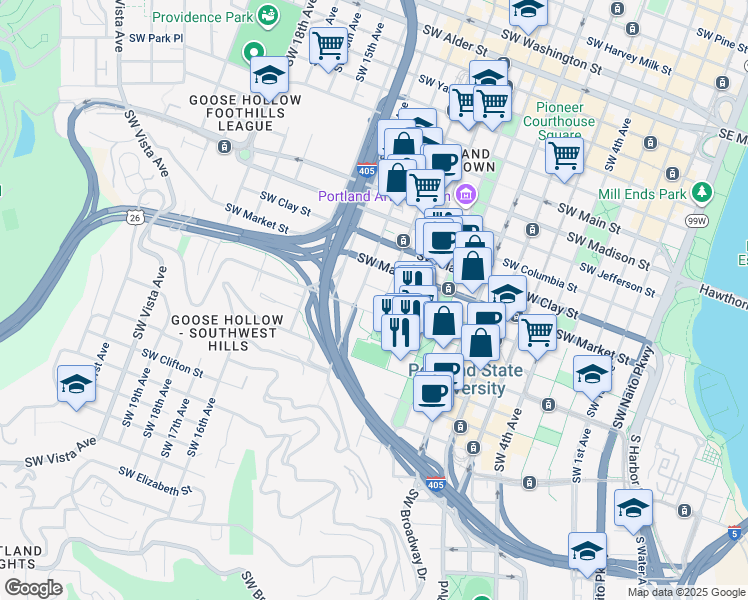 map of restaurants, bars, coffee shops, grocery stores, and more near 1136 Southwest 12th Avenue in Portland